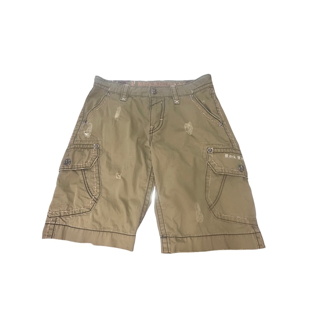 Rock Revival Mens Travertine Cargo Shorts Distressed Embroidered size 32 90's
